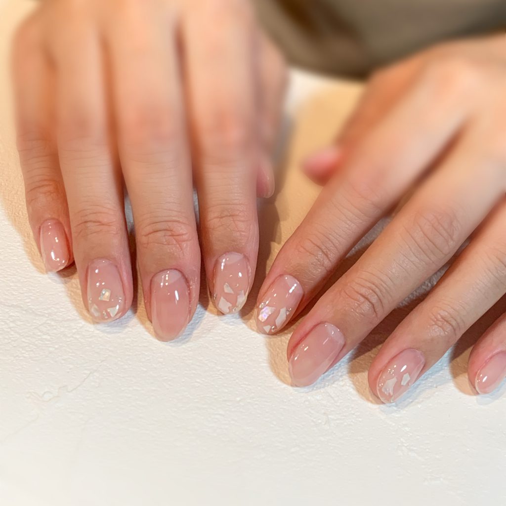 クリアネイル シンプル夏ネイル シェル シルバー箔 門真市のネイルサロン Kiko Nail