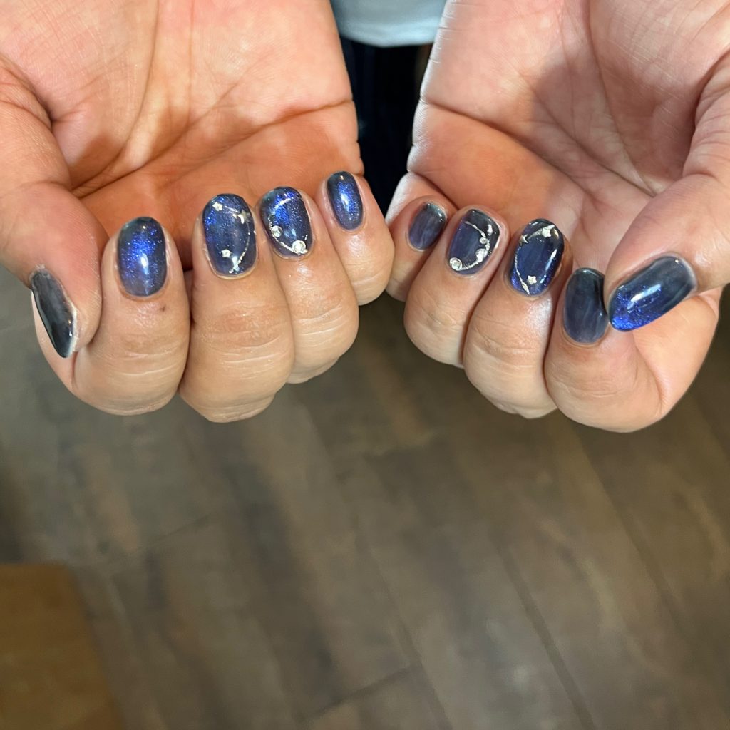 七夕ネイル　シアーネイビー×ブルーマグ