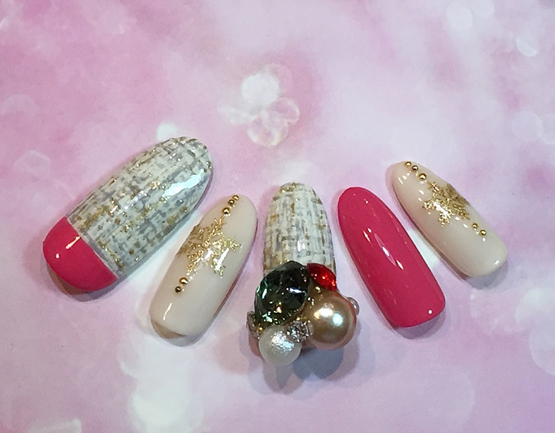 X’masネイル2015　ガーリーピンク×ツイード。